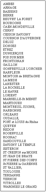 Zone de Texte: AMBES   ARNAGE  BASSENS  BERRE  BEUVRY LA FORET  BOUROGNE   CAEN-MONDEVILLE  CERNY  CESSON SAVIGNY  COURNON D'AUVERGNE   DELUZ  DONGES  ETREZ  DUNKERQUE  FOS SUR MER  FRONTIGNAN  GAILLON  GONFREVILLE L'ORCHER   HARFLEUR  MONTOIR de BRETAGNE   LA MEDE  LANESTER  LA ROCHELLE  LE HAVRE  LORIENT  MARSEILLE-St MENET  MARTIGUES  MONTREUIL JUIGNE;   NARBONNE   ORLEANS   OUDALLE,   PORT st LOUIS du Rhône  QUEVEN  REDON   ROGERVILLE  ROGNAC  SANDOUVILLE   SAVIGNY LE TEMPLE  SISTERON  ST CRESPIN sur MOINE  ST JEAN DE BRAYE   ST PIERRE DES CORPS  St PIERRE la GARENNE  ST VALLIER;   TOULOUSE   TERSANNE  VERNON  VITROLLES  WARGNIES LE GRAND